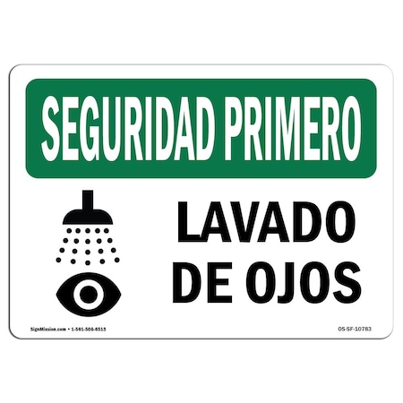 OSHA SAFETY FIRST Sign, Eye Bath Spanish, 7in X 5in Decal